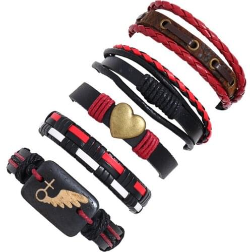 Fashion Women Men Jewelry Multi-layer Wide Bracelet Set Bronze Heart Wing Vintage Charm Rope Leather Wrap Bangle Punk Wristbands