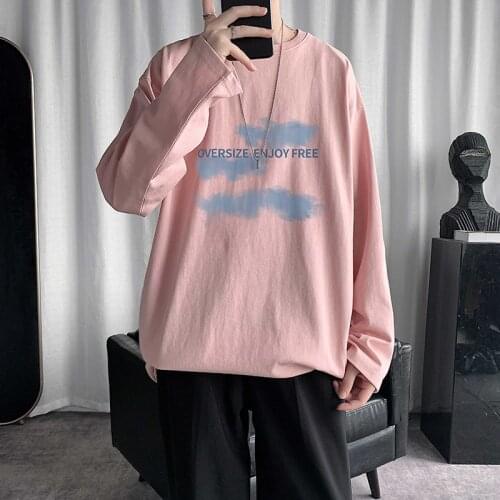 Men Long Sleeve T Shirts 2021 Fashion Printed O Neck Cotton Pink Streetwear Harajuku Dress Shirts Top Tee Shirts