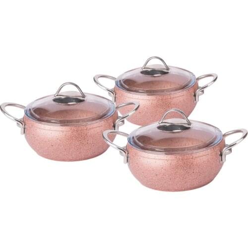 Cookware Set 3 piece Granite Stew Pot Rose Gold Handle Made in Turkey