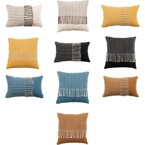 Boho Morocco Tufted Throw Pillow Case Minimalist Striped Woven Knitted Irregular Fringe Tassels Decorative Cushion Cover