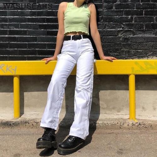 Summer jeans woman 2020 high waisted jeans white cargo pants women wide leg jeans baggy washed jeans streetwear