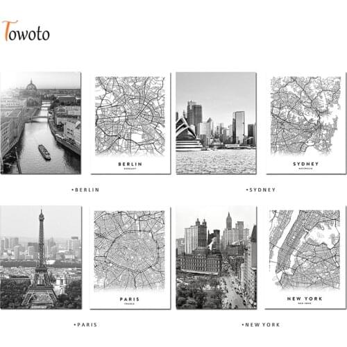 Modern Canvas Print Poster New York Berlin Sydney Paris City Map Black and White Wall Art Painting Wall Pictures for Living Room