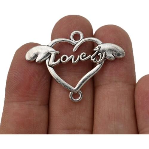 5pcs Antique Silver Plated Heart Love Wings Charm Connector for Jewelry Making Bracelet Accessories DIY Craft 29x39mm