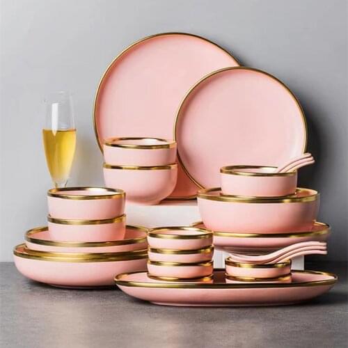Gilt Rim pink Plate Steak Food Plate Nordic Style Tableware Bowl Ins Dinner Dish High End Porcelain Dinnerware Set