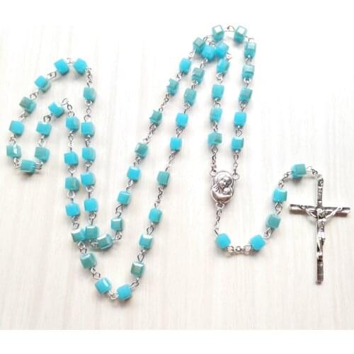 QIGO Blue Square Crystal Rosary Necklace Jesus Cross Pendant Necklace Religious Jewelry