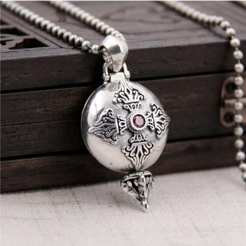 Silverplate S925 Sterling Silver Retro Thai Silver Necklace Men Women Six Words Mantra King Kong Pestle Ga Box Pendant Pendant