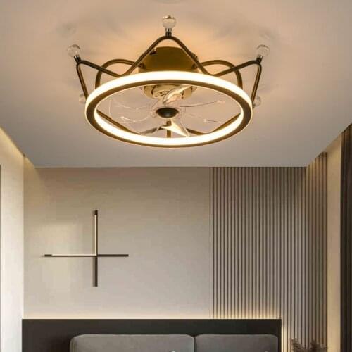 Nordic style ultra-thin invisible led ceiling fan light art crystal crown children bedroom bar ceiling lamp with remote control