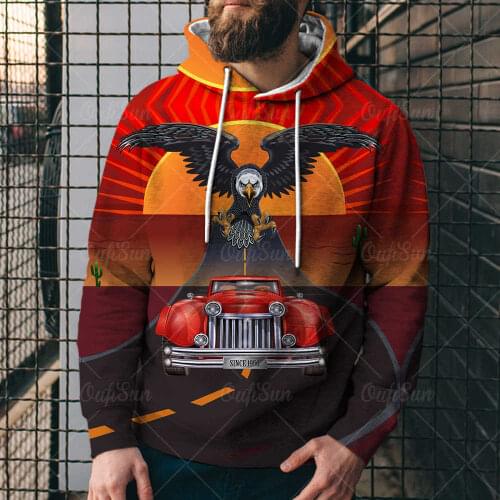 USA Culture Eagle Classic Car Motorcycle Mens 3D Printed Loose Hooded Sigital Sweater