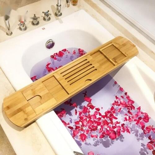 Extendable Bathtub Trays Bamboo Spa Bathtub Organizer Book Wine Holder Non Slip Bottom Sides Bathroom Storage Shelves Racks