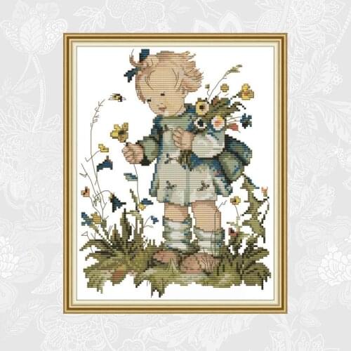 Handwork Beginner Embroidery Sets Little girl picking flowers Aida Canvas Cross-stitch 11CT 14CT Wholesale Needlework