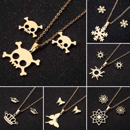 Jisensp Stainless Steel Halloween Jewelry Set Gothic Skull Head Pendant Necklace and Earrings for Women Kids accesorios mujer