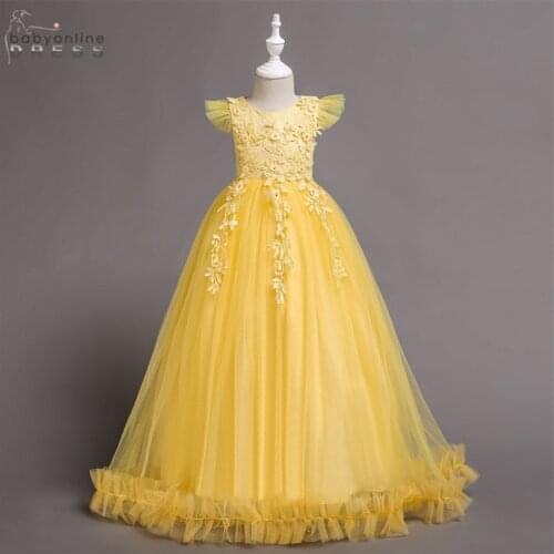 Yellow 3D Floral Flower Girl Dresses Tulle Appliques Kids Dresses For Girls Vestidos Ball Gown платья знаменитостей vestidos
