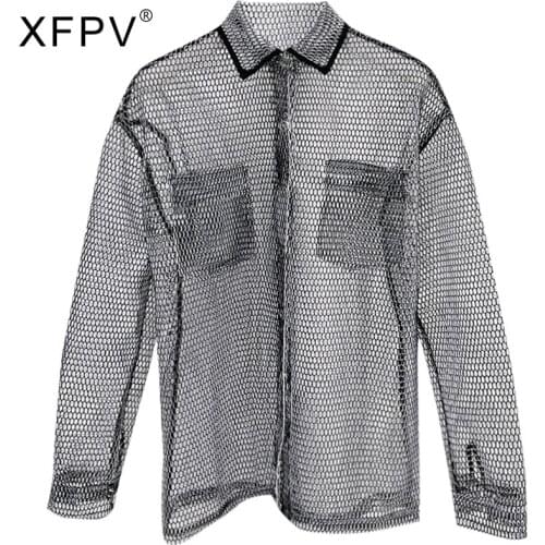 XFPV Hollow Out Mesh Solid Women Shirt Europe 2021 Summer New Arrival Personality Fashion Loose Single Breasted Coat SM790