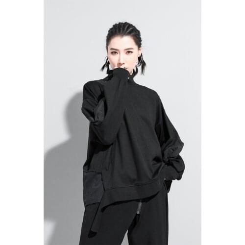 Dark black large womens personalized splicing long sleeve T-shirt street fashion brand half height stand collar shows thin and