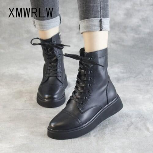 XMWRLW Womens Boots 2021 Autumn Winter Genuine Leather Boots Ladies Flat Shoes Rubber Sole Women Autumn Winter Mid-Calf Boot