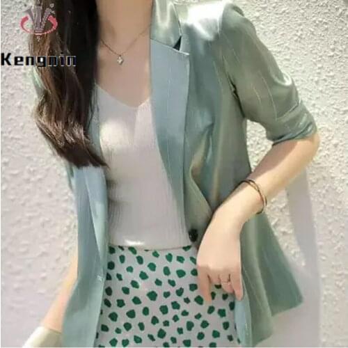 New 2021 Summer Jackets Bright Striped Womens Blazers Three Quarter Sleeve Mint Green Jackets Coats Oversize Cardigan KE1489