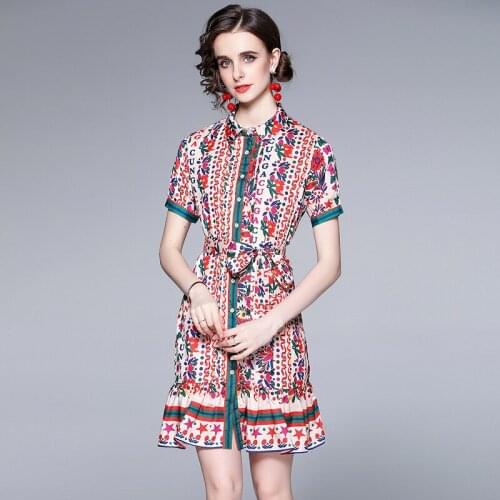 Designer Women Summer Mini Dresses Elegant Floral Letter Printed Loose Vintage Short Sleeve Office Style Shirt Dress Robe Femme