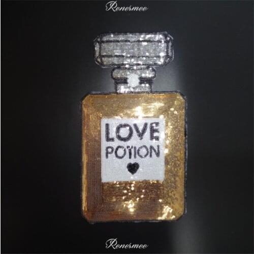 1Pc Gold Perfume Bottle Applique Clothing Embroidery Patch Fabric Sticker Iron On Patch Craft Sewing Repair for Dress 14X24.5cm