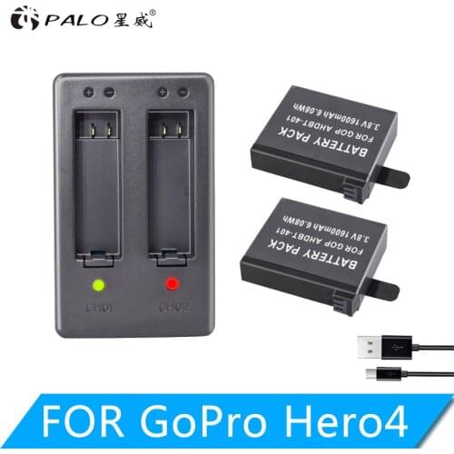PALO 1600mAh AHDBT-401 AHDBT 401 AHDBT401 HERO4 HERO 4 camera battery for GO PRO + Dual port Home Charger for AMKOV 7000S