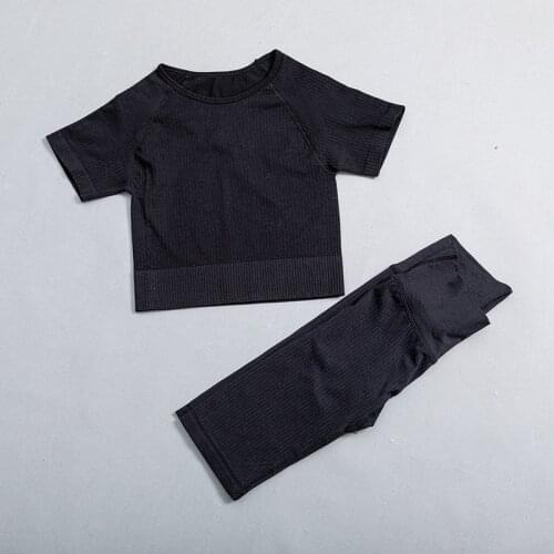 2 Piece Seamless Sport Suit Short Sleeve Fitness Crop Top High Waist Running Shorts Biker Women Gym Workout Clothes Yoga Set