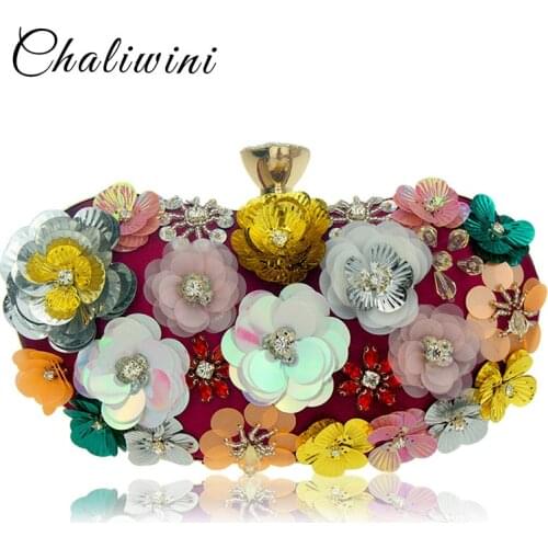 Chaliwini Flower Paper Pocket Ladies Evening Bag Multi color Beaded Clutch Rhinestone Party Purse Wallet Diamond Closure Handbag