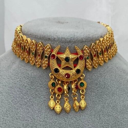 Saudi Arabia Colored Stone Chokers Dubai Jewelry sets for Women 24k Habesha Necklace Earrings Rope African Wedding Eritrean Gift