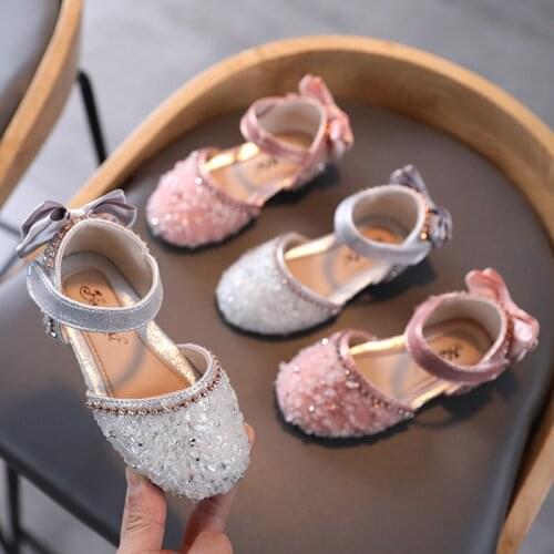 2021 Summer Spring Girls Shoes Cover Toe Sandals Crystal Bling Princess Shoes KIds Back Bowtie Ankle Strap Baby Dance Show Shoes