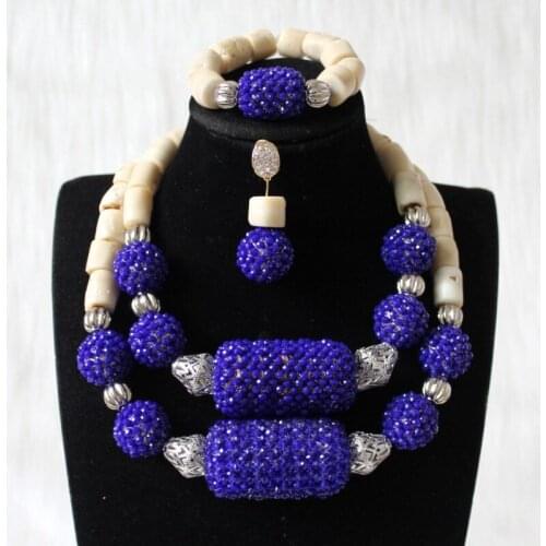 Dudo Nigerian Bridal Jewelry Set Original White Coral Beads +Royal Blue Crystal Beaded Balls 2 Layers Necklace Set