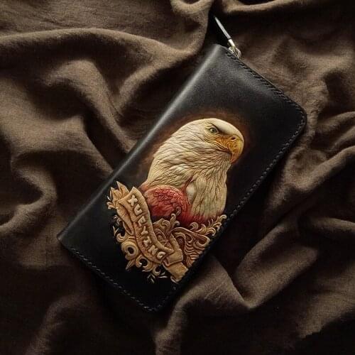 Handmade Wallets knitting Carving Eagle Purses Men Long Clutch Vegetable Tanned Leather Wallet Card Holder Christmas Gifts