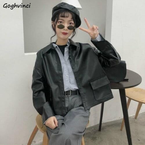 Jackets Womens Solid PU Loose Plus Size 4XL Retro Korean Short Style Pockets Harajuku Turn Down Collar Female Coats Streetwear