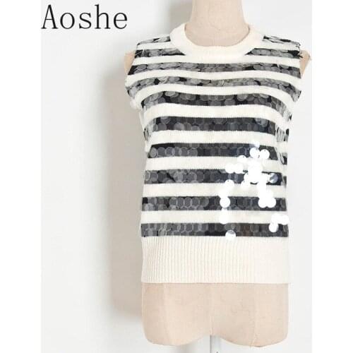 2021 New Female Black White Striped Sweater Thick Needle Sequined Sleeveless Waistcoat Blouse Waistcoat Womens Sweater