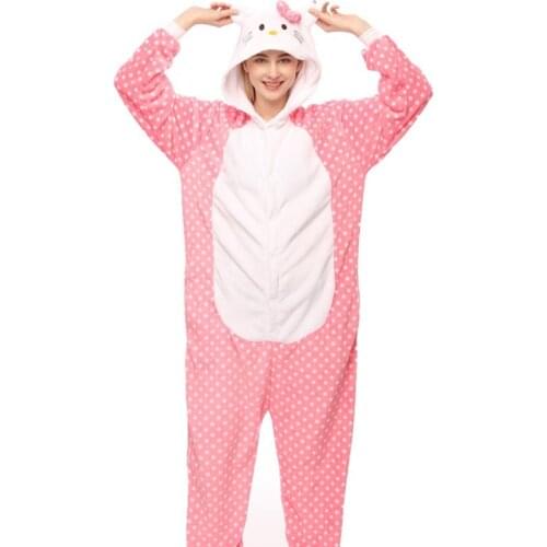 2020 Adults Animal Pajamas Cartoon Sleepwear Bow Cat Pajamas Sets Anime Kigurumi Women Men Warm Flannel Hooded