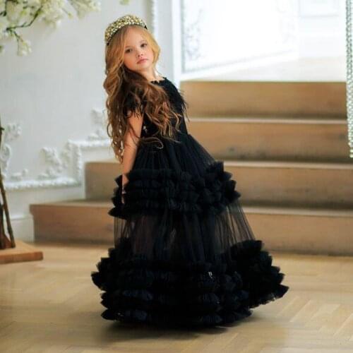 Black Flowers Girls Dresses Tiered Ruffles Feather Off Shoulder Floor Length Kids Teens Pageant Gowns Birthday Party Dress For W