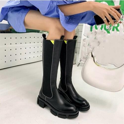 PXELENA Luxury Vintage Women Chelsea Boots Knee High Chunky Med Heels Riding Knight Motorcycle Long Boot 2021 Fall Winter Shoes