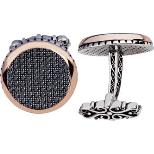 Silver Black Zircon Stone Round Cufflinks