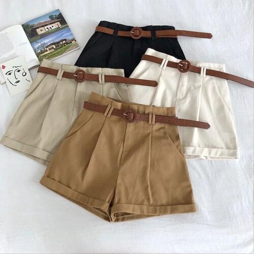 Korean Casual Shorts For Women 2020 Summer High Waist Wide-leg Curl Short With belt Female Solid Safari Style Shorts bottom
