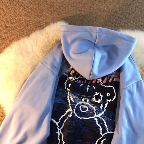 Men Hoodies Sweatshirts Long Sleeve Harajuku Bear Print Oversized Hoodies For Teens Male Blue Loose Vintage Hoodies Streetwear
