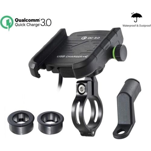Aileap Universal Motorcycle Phone Mount Aluminum Bike Phone Holder Integrated with QC 3.0 Super Quick Charge USB Power Socket