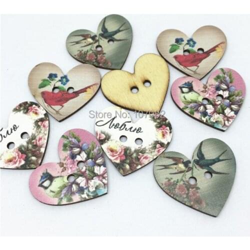 Vintage 100pcs 2 Holes 2.5x2.8cm Wooden Heart Buttons Florals Birds Embellishments Sewing Accessories Scrapbooking Cardmaking