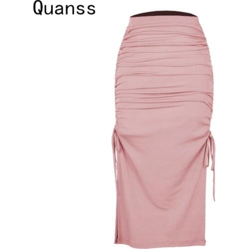 Quanss High Waist Knitted Long Skirts 2021 Women DrawString Sexy Bodycon Elegant Bodycon Maxi Skirt Summer Streetwear Clothes