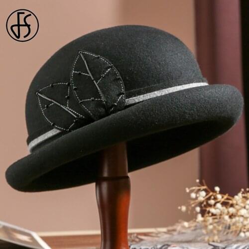 FS 2021 Vintage Dome Top Wool Felt Fedora Hats For Women Winter Warm Church Cloche Derby Hat Fedoras Bowler Cap With Leaves Rope