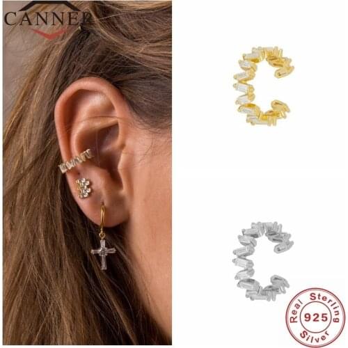 CANNER 925 Sterling Silver Ear Cuff Earrings for Women C Shape Cube Zircon Earcuff Clip on Earring No Piercing Earings Jewelry