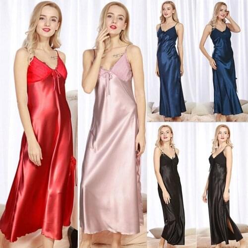 Women Ladies Satin Silk Satin Lace Robe Sleepwear Nightdress Lingerie Night Long Sleepshirts Nightgowns Black Blue Pink