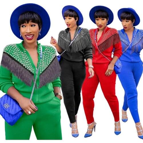 Womens Suit Trendy Cool Party Fashion Bubble Bead Tassel Jacket Jacket with Slim Trousers Two-Piece Autumn New Style