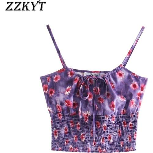 ZZKYT 2021 Women Summer Fashion Floral Print Cropped Tank Tops Vintage Backless Thin Straps Waist Elasticity Female Chic Tops