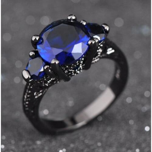 Charm Female Blue Crystal Stone Jewelry Classic 14KT Black Gold Wedding Rings For Women Vintage Bride Round Engagement Ring