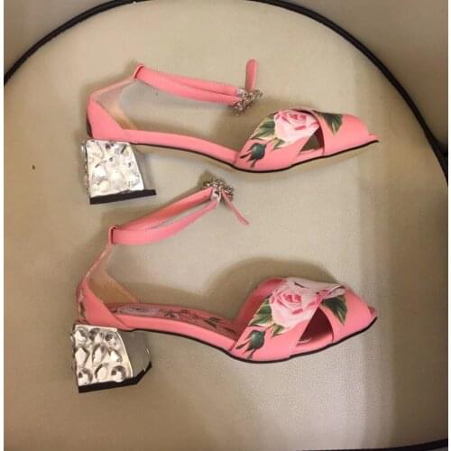 2018 summer runway floral print sandals rhinestone heels ankle strap high heed sandals BY568