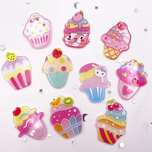 Kawaii Colorful Glitter Mix Ice Cream Flatback Acrylic Sheet Miniature Pattern 10pcs Applique DIY Scrapbook Home Decor Craft J03
