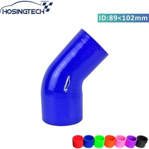 HOSINGTECH- ID: 4"-3.5"(102mm to 89mm) blue automotive 45 degree silicone hose reducer