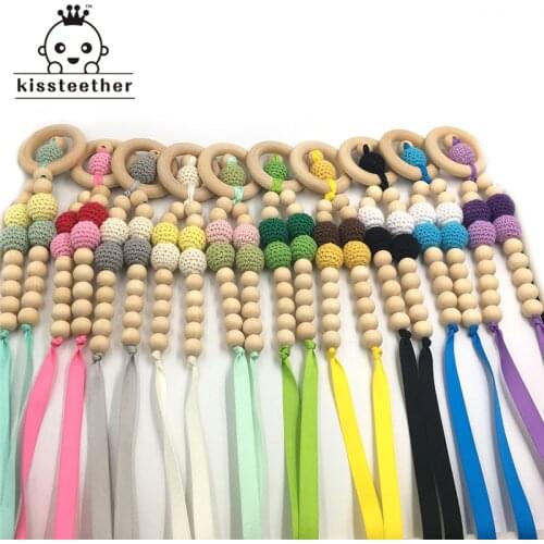 10pcs Baby Teether Necklace Safe Bright Ribbon Teether Necklace Organic Natural Wooden Crochet Bead Mom Kids Wooden Teether